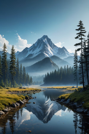 Quiet lakes and distant mountain landscapes amidst mountains and forestsの素材