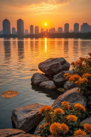 Sunset City Skyline View by the Lakeの素材