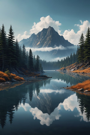 Peaceful lakes in the mountains and distant mountain sceneryの素材