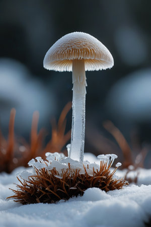 Macro close-up of snow-covered mushroomsの素材