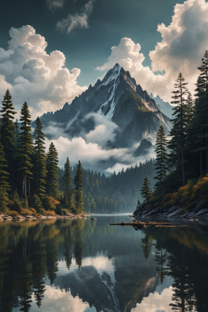 Mountain lakes and towering mountain sceneryの素材