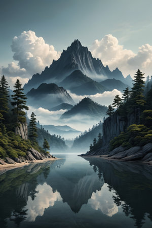 Panoramic view of natural scenery with mountains, rivers, clouds and mistの素材