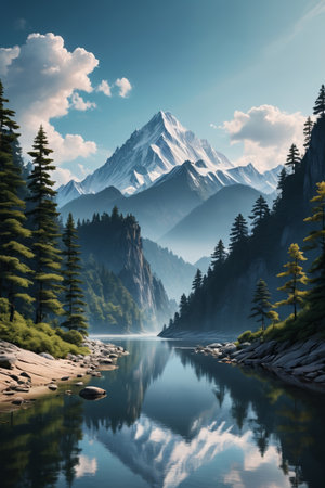 Snow Mountain Forest Lake Natural Sceneryの素材