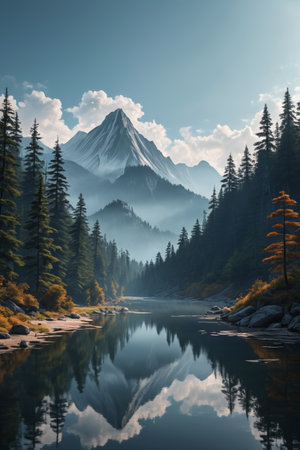 Natural scenery of mountains, forests and lakesの素材