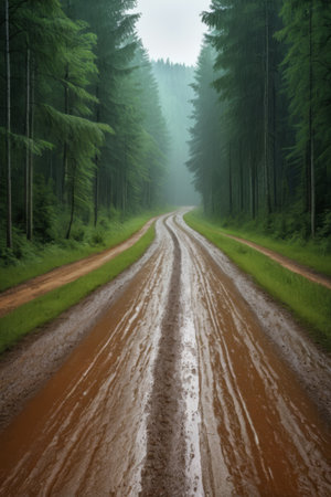 Muddy country roads after rain in the forestの素材