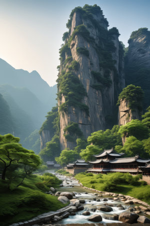 Chinese ancient architectural scenery among the mountains and riversの素材