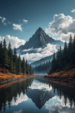 Panoramic view of natural scenery of mountains, forests and lakesの素材