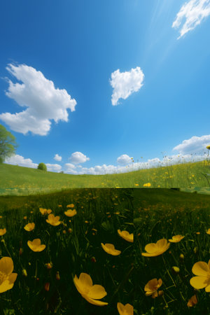 Yellow flower meadow under blue sky and white cloudsの素材