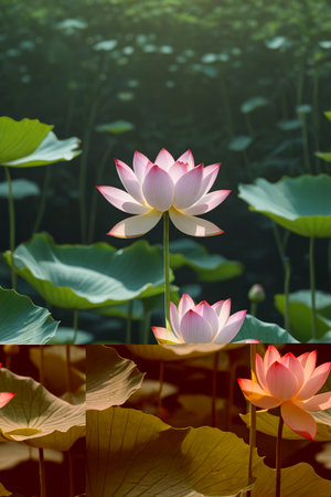 Blooming lotus and lotus leaf landscapeの素材
