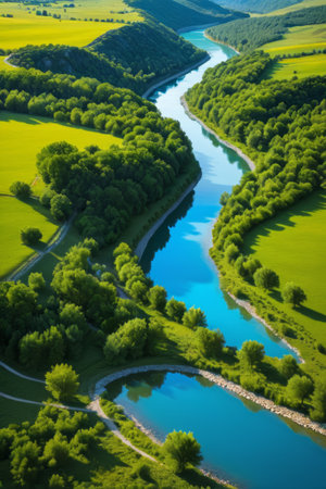 Aerial photography of a winding river amidst green fieldsの素材