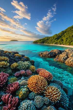 Colorful corals and turquoise waters by the seaの素材