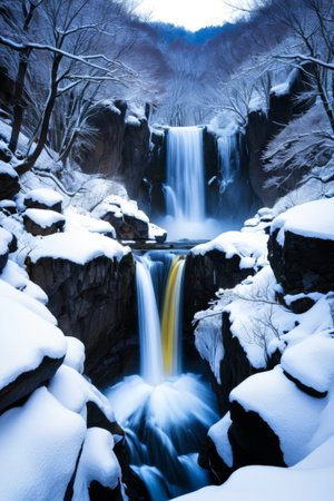Waterfall view in winter snowの素材