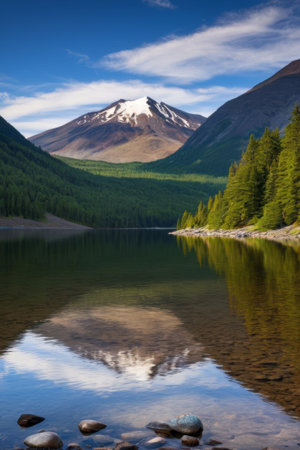 Tranquil lake landscape with mountains and riversの素材