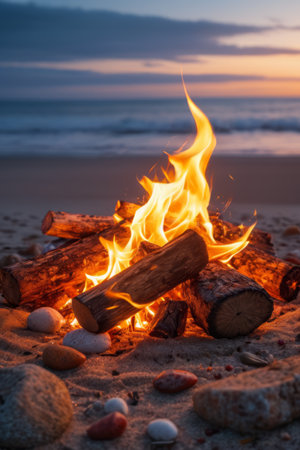 Bonfire burning on the beachの素材