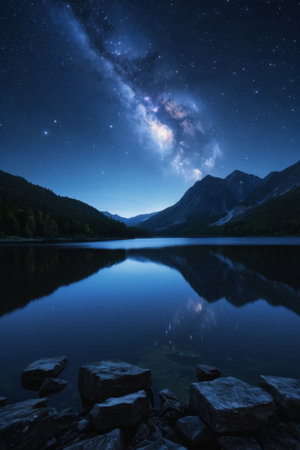 Beautiful scenery of mountains, rivers and lakes under the starry skyの素材