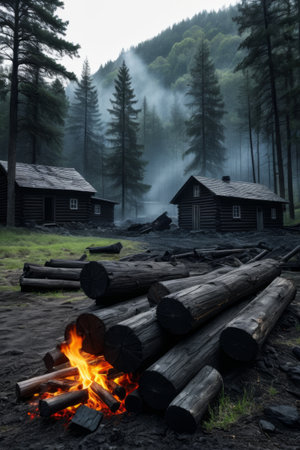 Bonfire scene next to a wooden house in the forestの素材