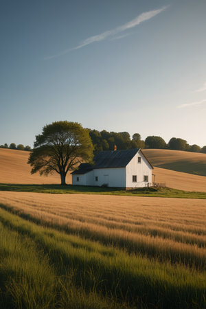 White farmhouse in the fieldsの素材