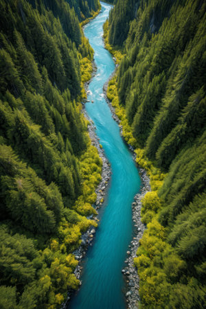Aerial view of a winding river in the forestの素材