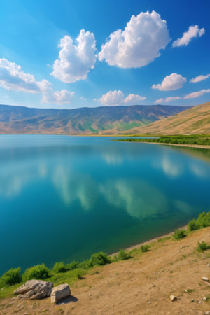 Blue Lake and distant mountains natural sceneryの素材