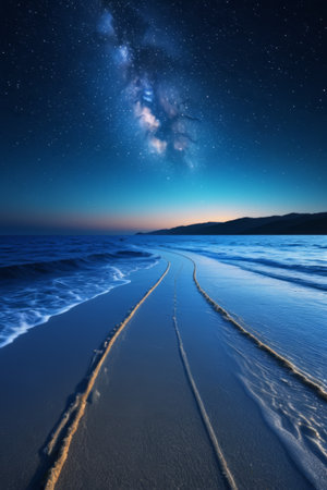 The beach rutting scene under the starry sky at the beachの素材