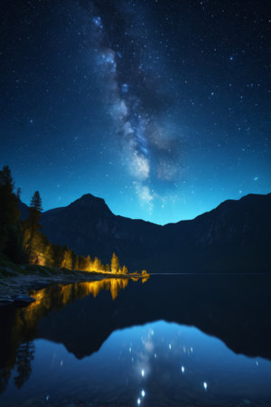 Night view of mountains, rivers and lakes under the starry skyの素材