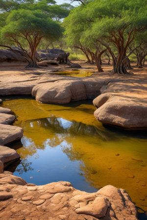 African wild elephants and waterhole sceneryの素材