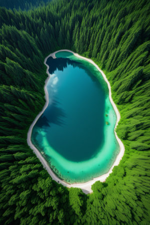 A turquoise lake surrounded by forestsの素材
