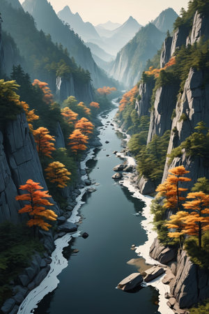 Valley River and Autumn Forest Landscapeの素材