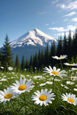 Daisy sea scenery under the snow-capped mountainsの素材