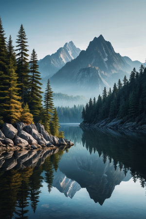 Natural scenery of mountains, forests and lakesの素材