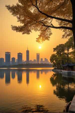 Sunset scenery in the lakeside cityの素材