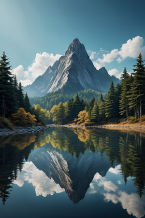 The scenery of lakes and towering peaks in the mountains and forestsの素材