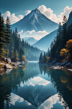 Calm lake in the mountains and distant peaksの素材