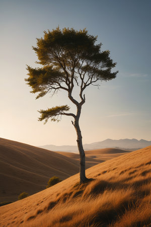 Landscape of lone trees and hills in the wildernessの素材