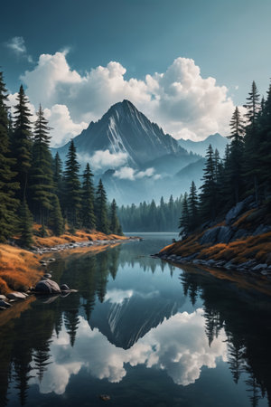 Panoramic view of natural scenery of mountains, forests and lakesの素材