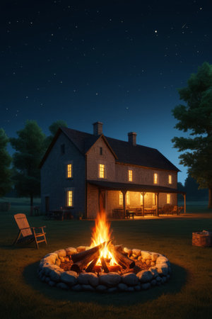 Bonfire scene in front of the country cottage at nightの素材