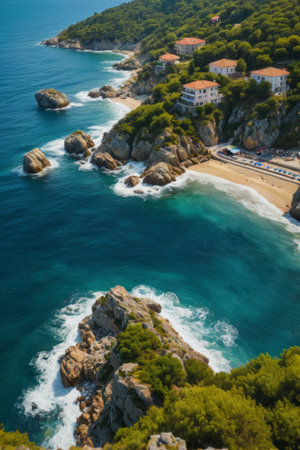 Rock and house views along the coastの素材