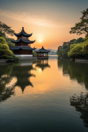 Sunset view of the Chinese-style ancient pavilion by the lakeの素材