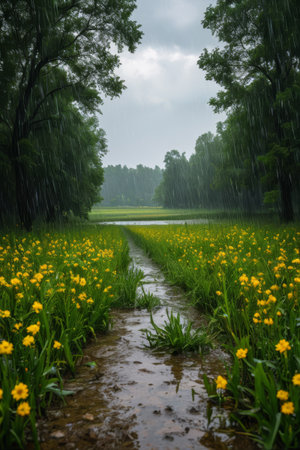 A forest path covered with yellow flowers in the rainの素材