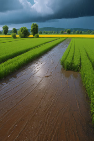 Green farmland and muddy paths in the rainの素材