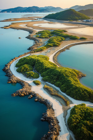 Aerial view of coastal greenery and waterの素材
