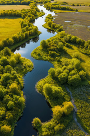 Aerial photography of the winding river and surrounding green sceneryの素材