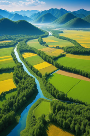 Overlooking the natural scenery of fields, rivers and mountainsの素材