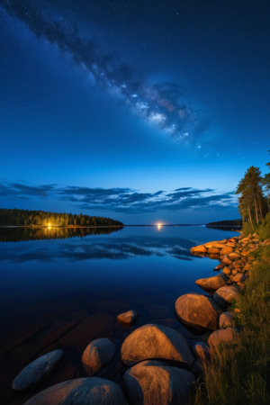 Night view of the lakeside starry skyの素材