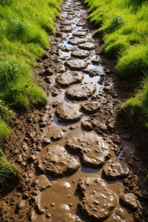 Green grass landscape along the muddy pathの素材
