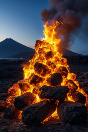 Outdoor bonfire and distant mountain night viewの素材