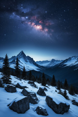 Snow Mountain Starry Sky Night View Natural Sceneryの素材