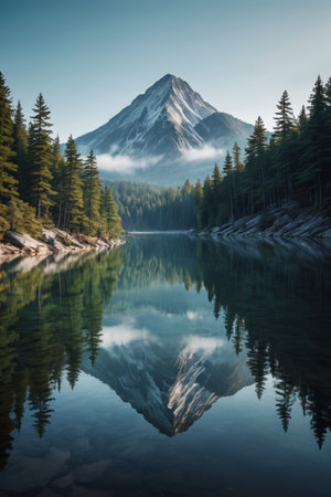 The calm lake in the mountains and distant peaksの素材