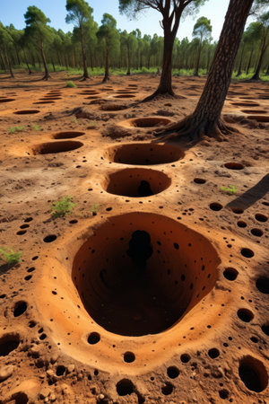 Natural landscape of reddish-brown potholes in the woodsの素材
