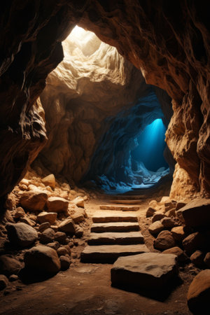 The rocks and stone steps inside the caveの素材
